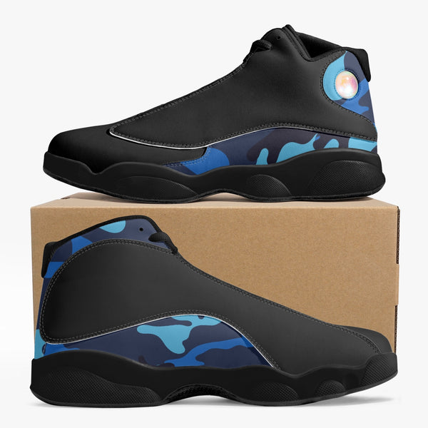 Black Sole High-Top Leather Basketball Sneakers (Black with Blue Camo)