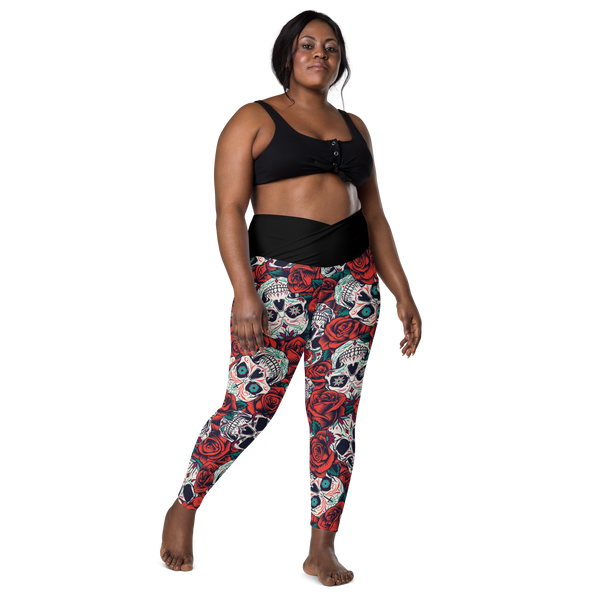 Crossover leggings with pockets - Skulls and Roses