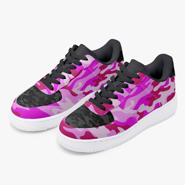 Pink Camo with Black Camo accents - Low-Top Leather Sports Sneakers